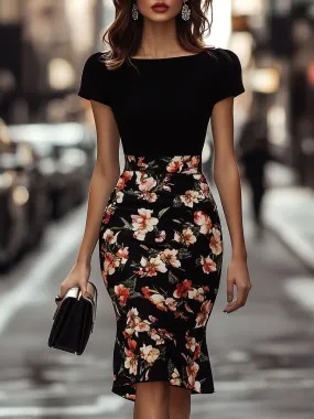 Elegant Floral Printed Patchwork Chiffon Midi Dress