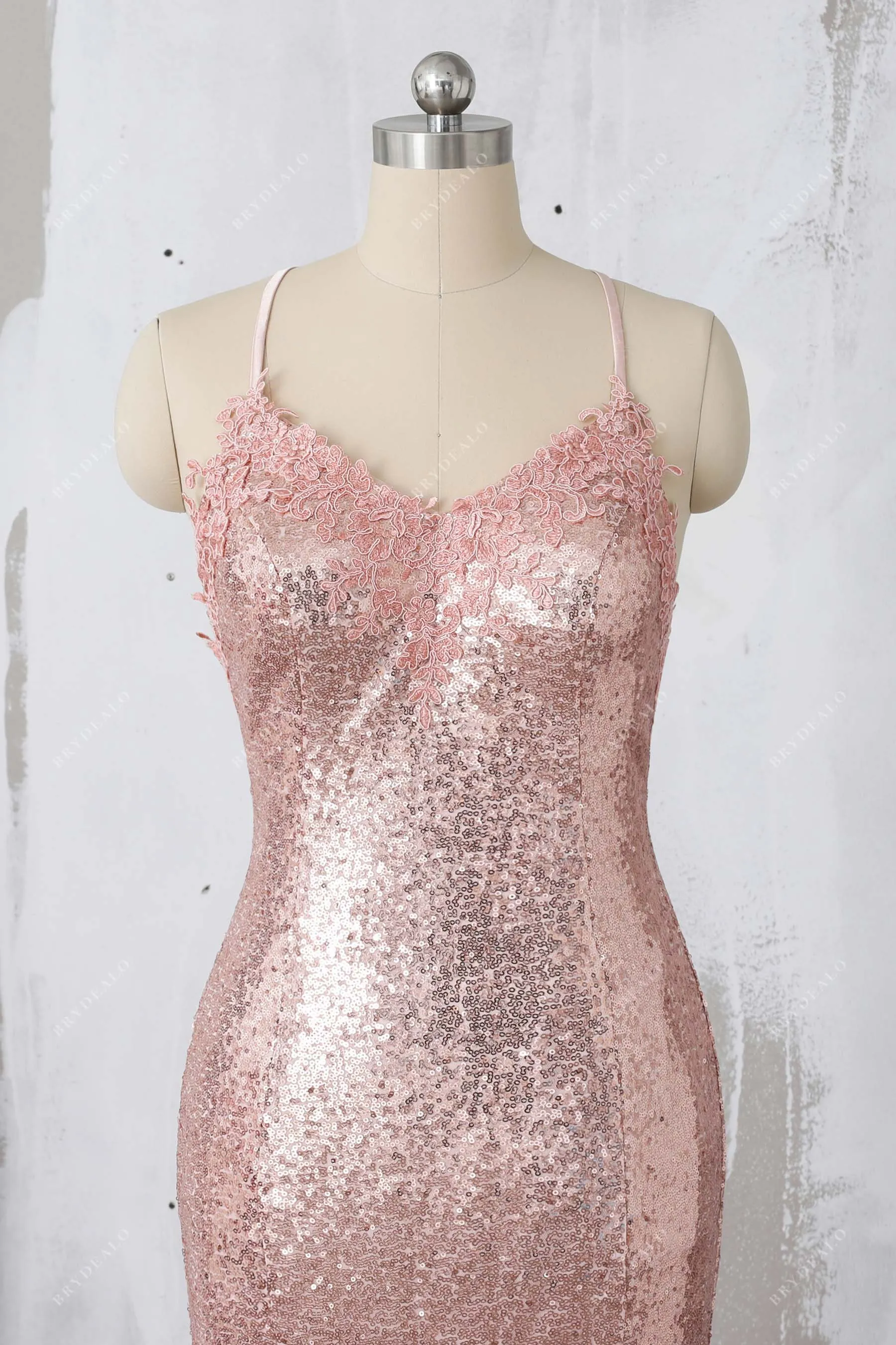 Elegant Lace Appliqued Rose Pink Sequin Mermaid Prom Gown