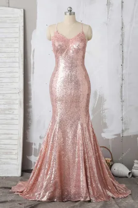 Elegant Lace Appliqued Rose Pink Sequin Mermaid Prom Gown