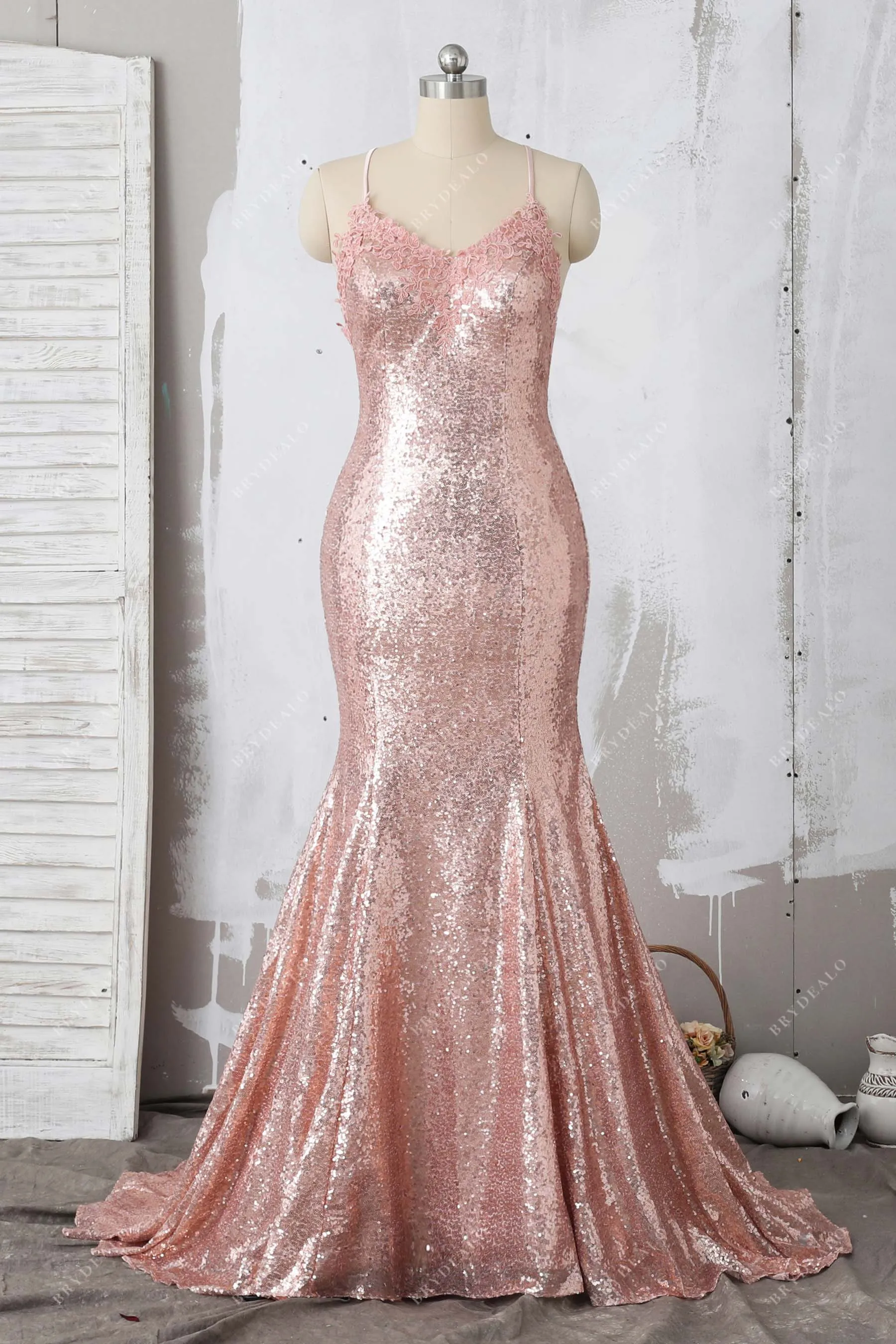 Elegant Lace Appliqued Rose Pink Sequin Mermaid Prom Gown
