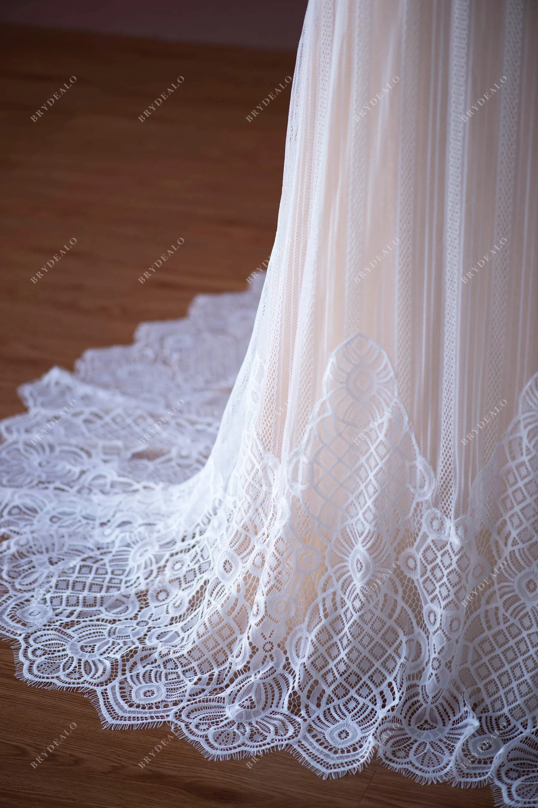 Elegant Pearls Lace Plunging Boho Wedding Dress