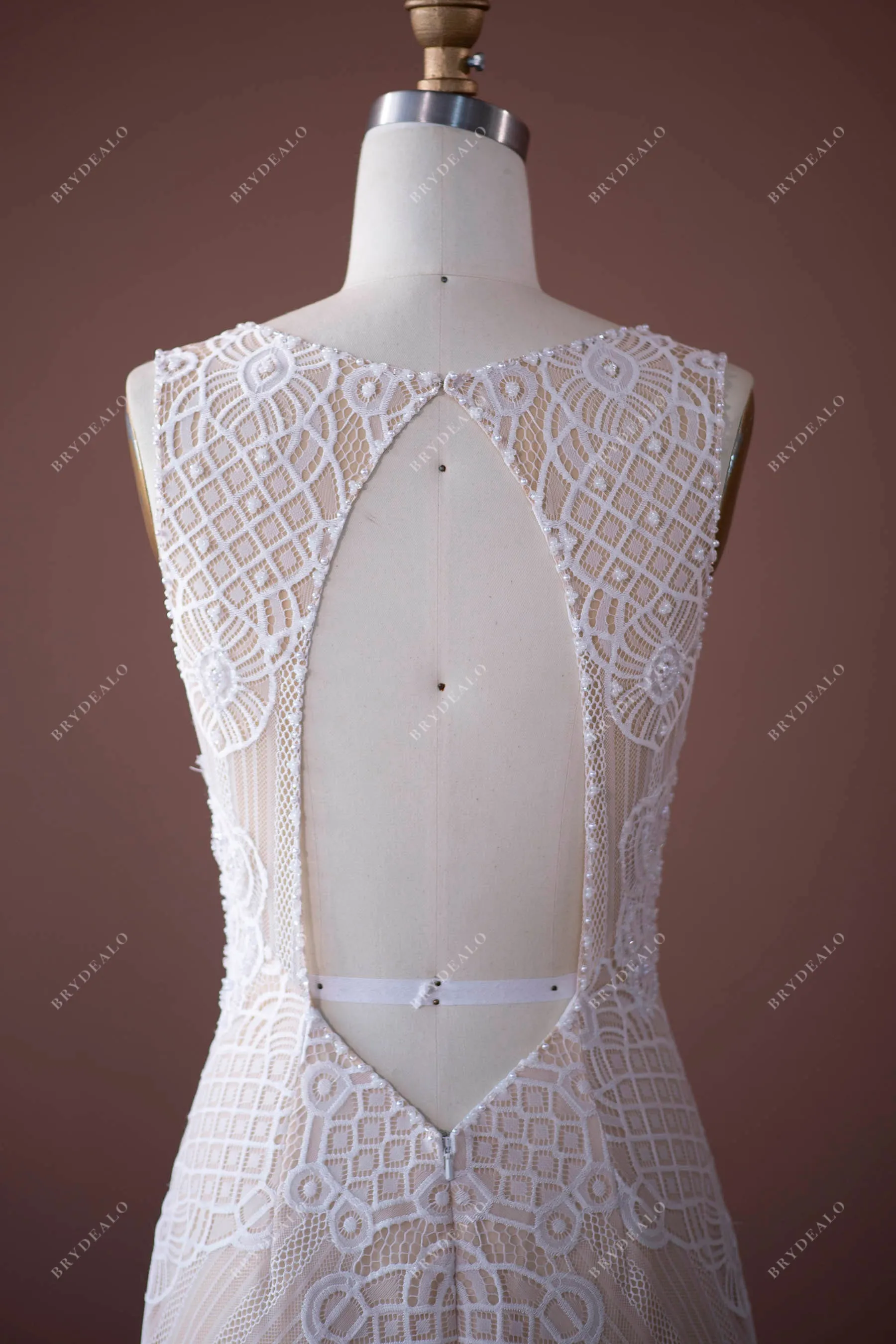 Elegant Pearls Lace Plunging Boho Wedding Dress