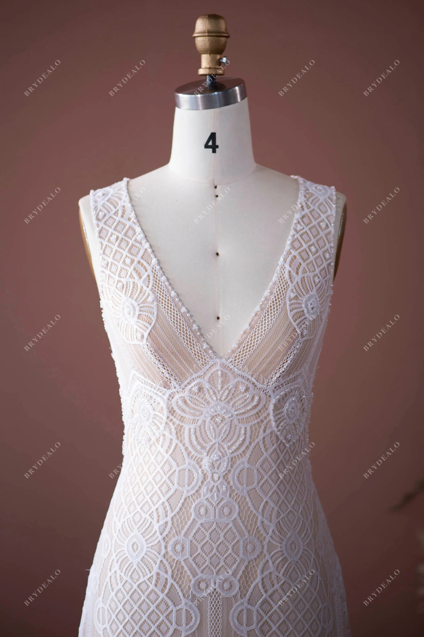 Elegant Pearls Lace Plunging Boho Wedding Dress