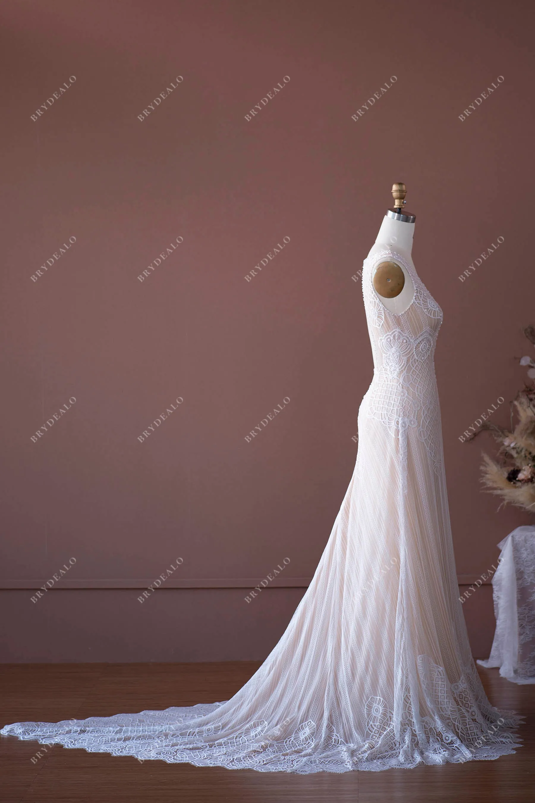 Elegant Pearls Lace Plunging Boho Wedding Dress