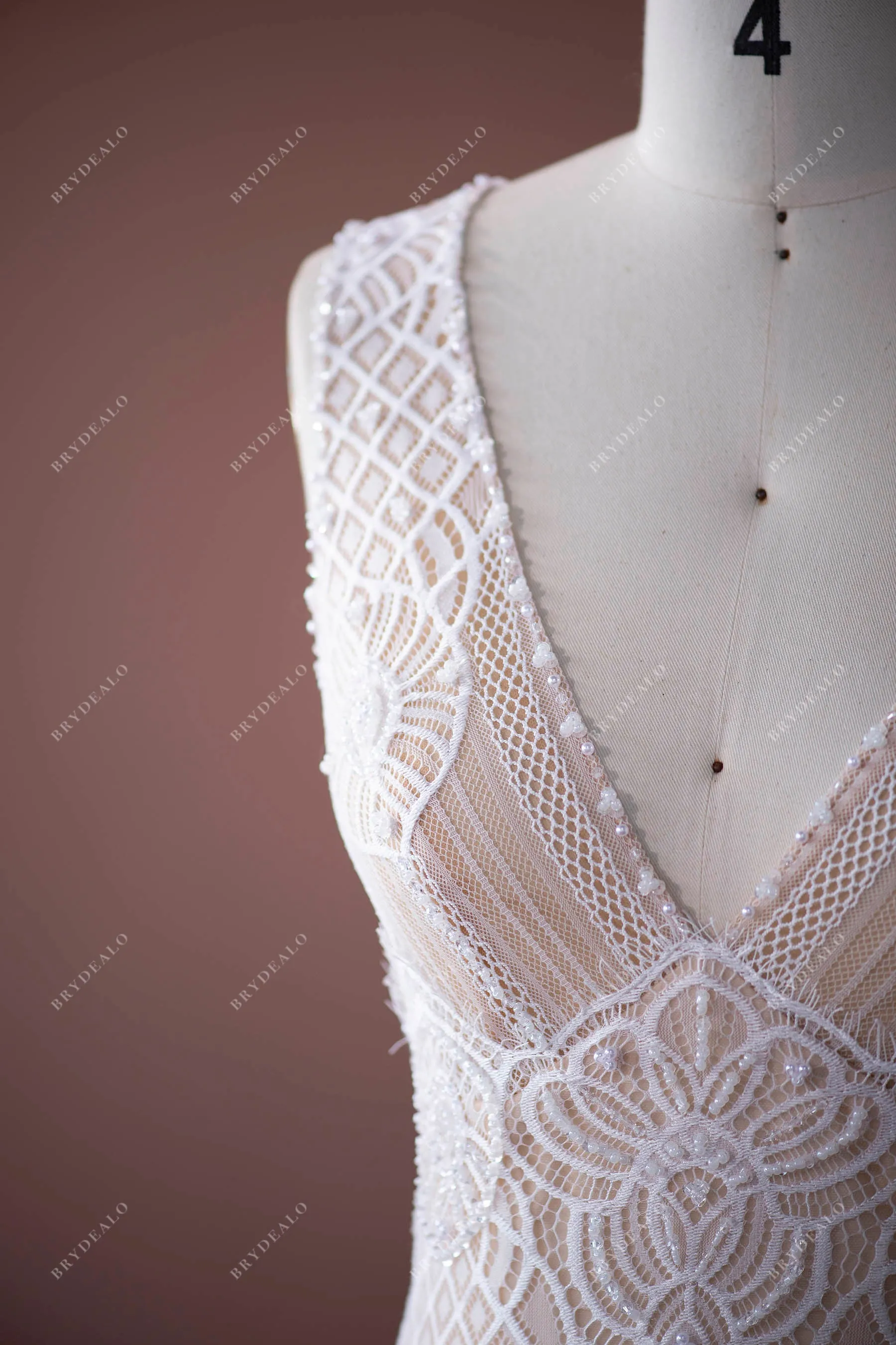 Elegant Pearls Lace Plunging Boho Wedding Dress