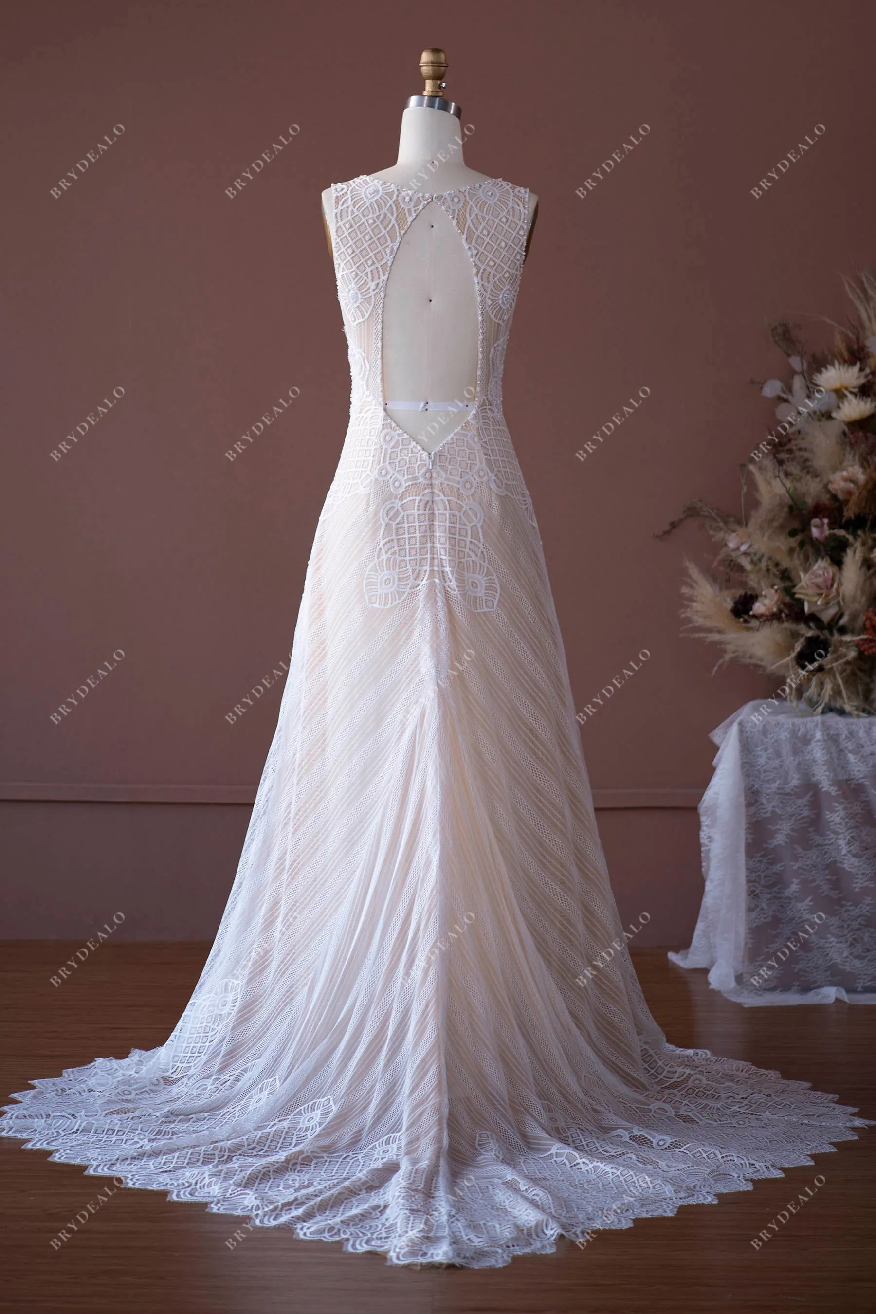 Elegant Pearls Lace Plunging Boho Wedding Dress