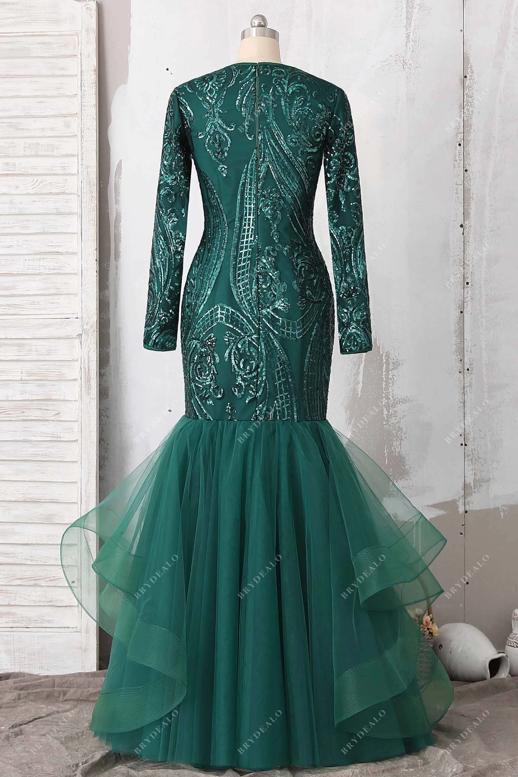 Emerald Sequin Tulle V-neck Long Sleeve Prom Gown
