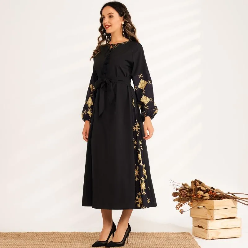 FashionSierra - Elegant Color Stitching Seaside Holiday Style Long Sleeve V-neck Long Waist Belt Sweet Dress