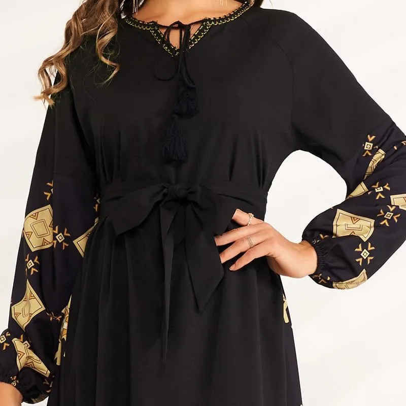 FashionSierra - Elegant Color Stitching Seaside Holiday Style Long Sleeve V-neck Long Waist Belt Sweet Dress