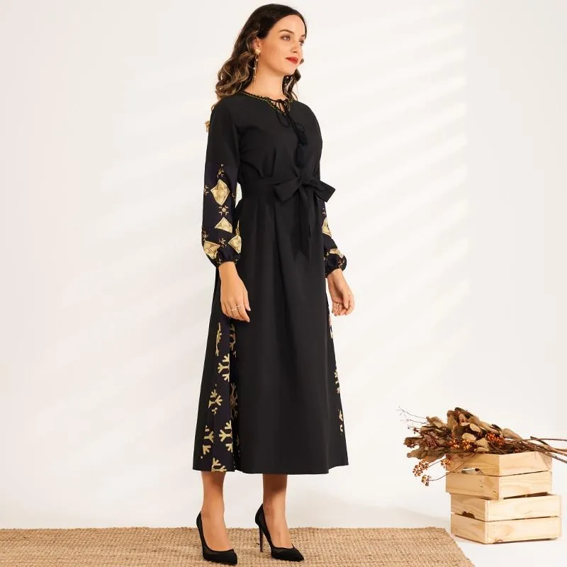 FashionSierra - Elegant Color Stitching Seaside Holiday Style Long Sleeve V-neck Long Waist Belt Sweet Dress