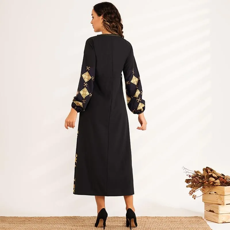FashionSierra - Elegant Color Stitching Seaside Holiday Style Long Sleeve V-neck Long Waist Belt Sweet Dress
