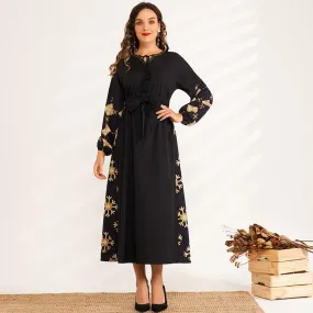 FashionSierra - Elegant Color Stitching Seaside Holiday Style Long Sleeve V-neck Long Waist Belt Sweet Dress