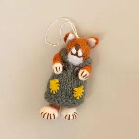 Felted Red Fox Ornament | Green Knit Dress