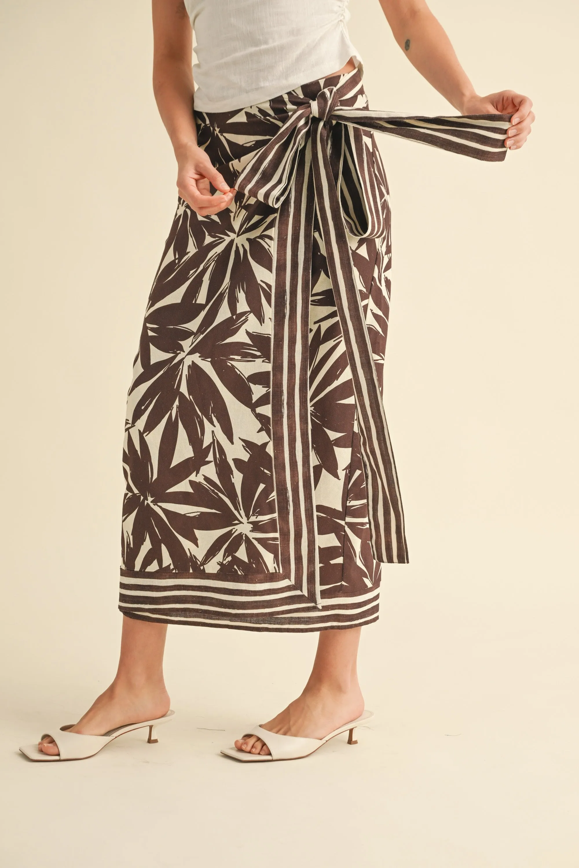 Floral Print Linen Wrap Skirt