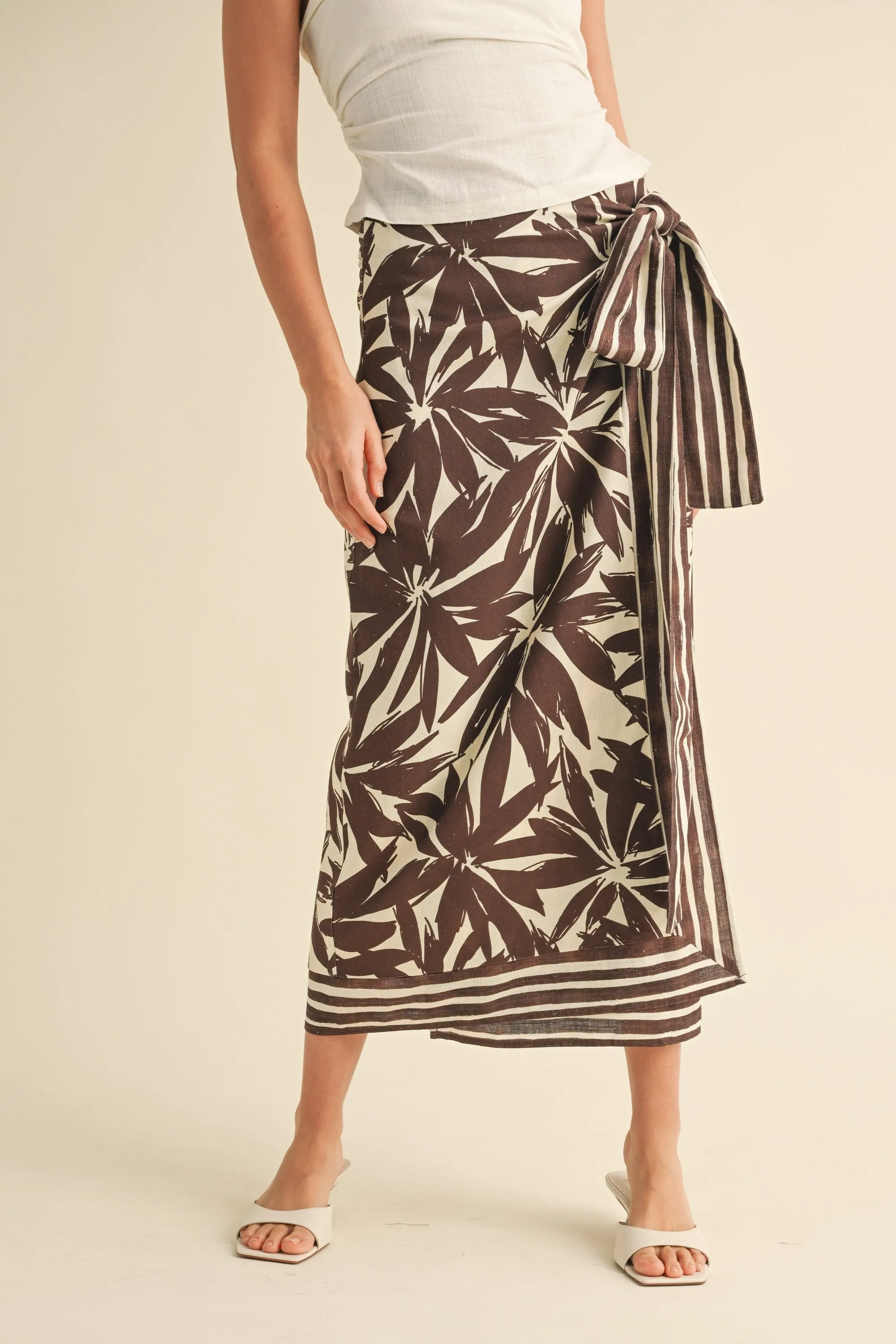 Floral Print Linen Wrap Skirt