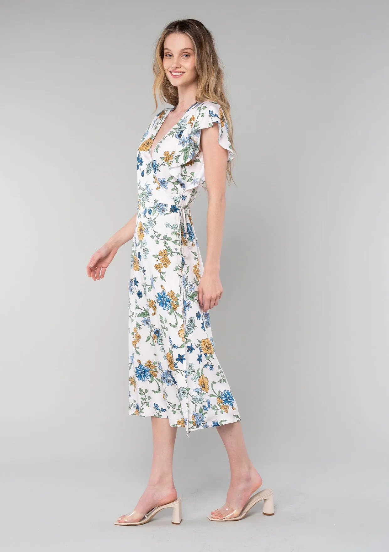 Floral Short Flutter Sleeve Midi Wrap Dress
