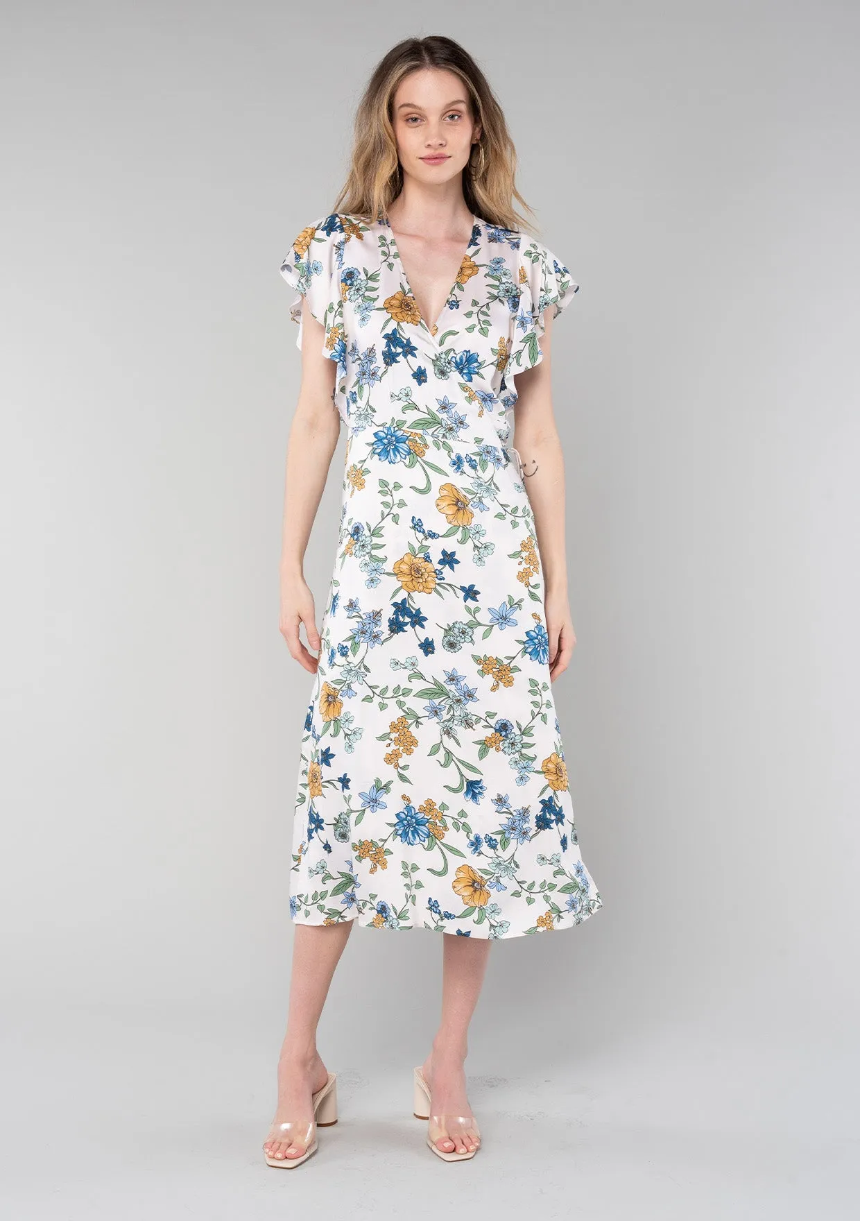 Floral Short Flutter Sleeve Midi Wrap Dress