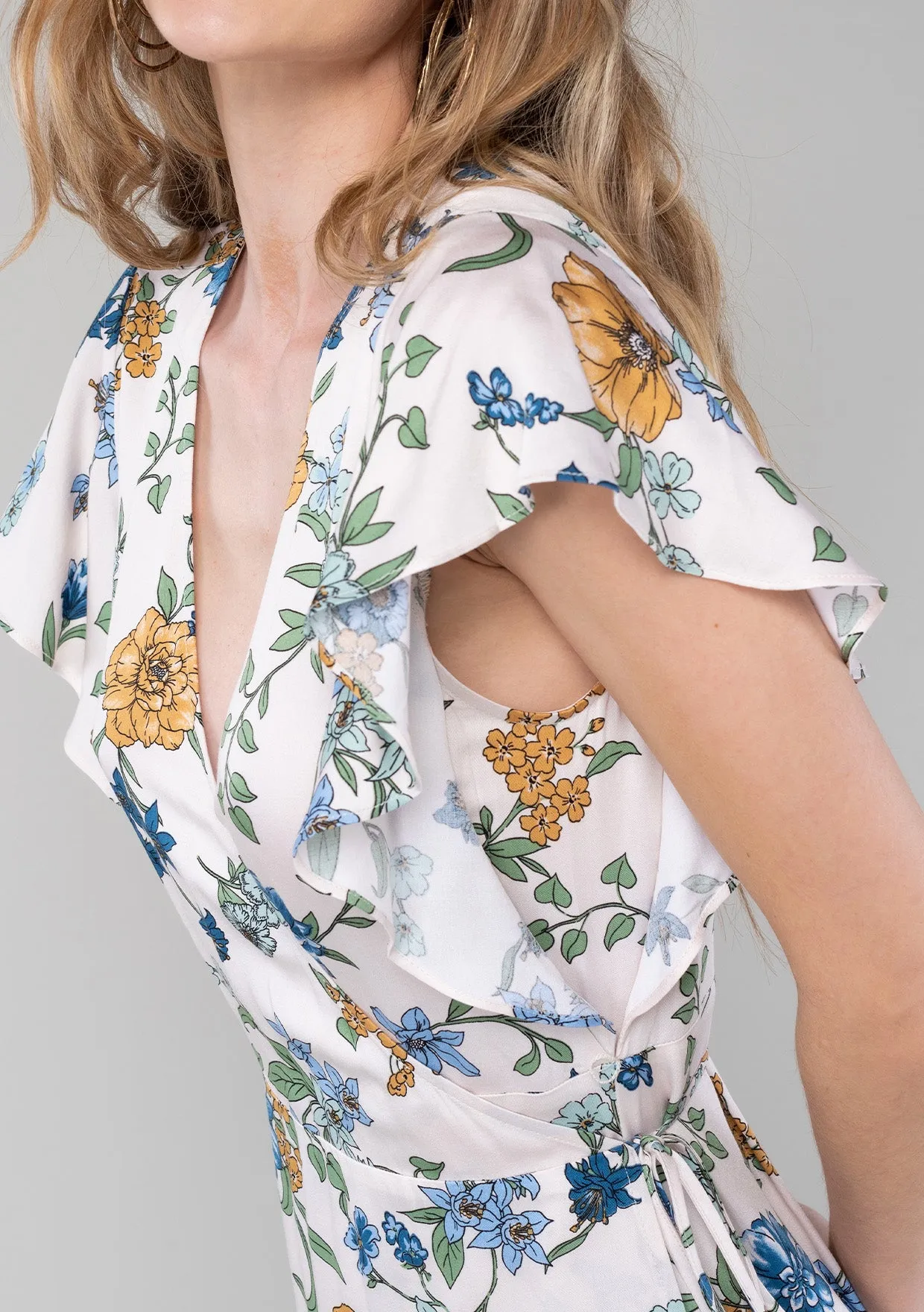 Floral Short Flutter Sleeve Midi Wrap Dress