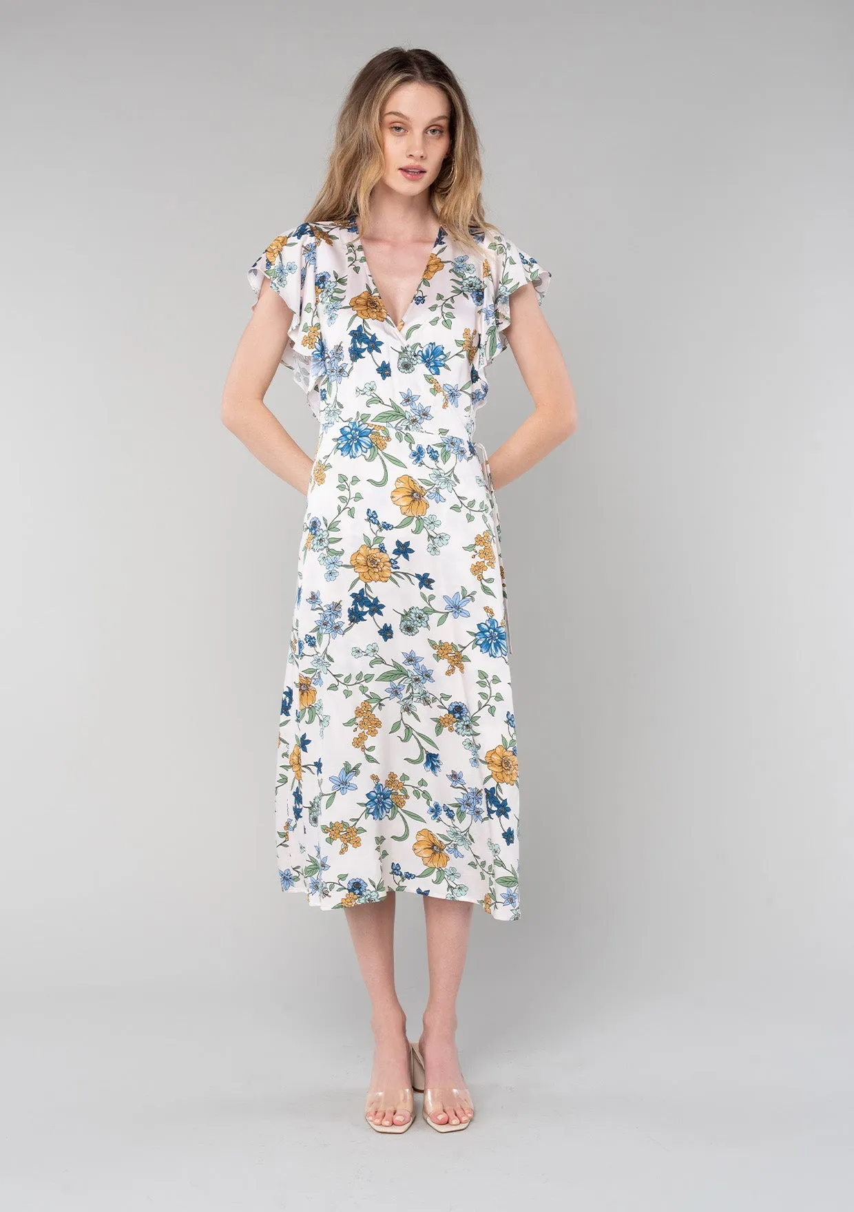 Floral Short Flutter Sleeve Midi Wrap Dress