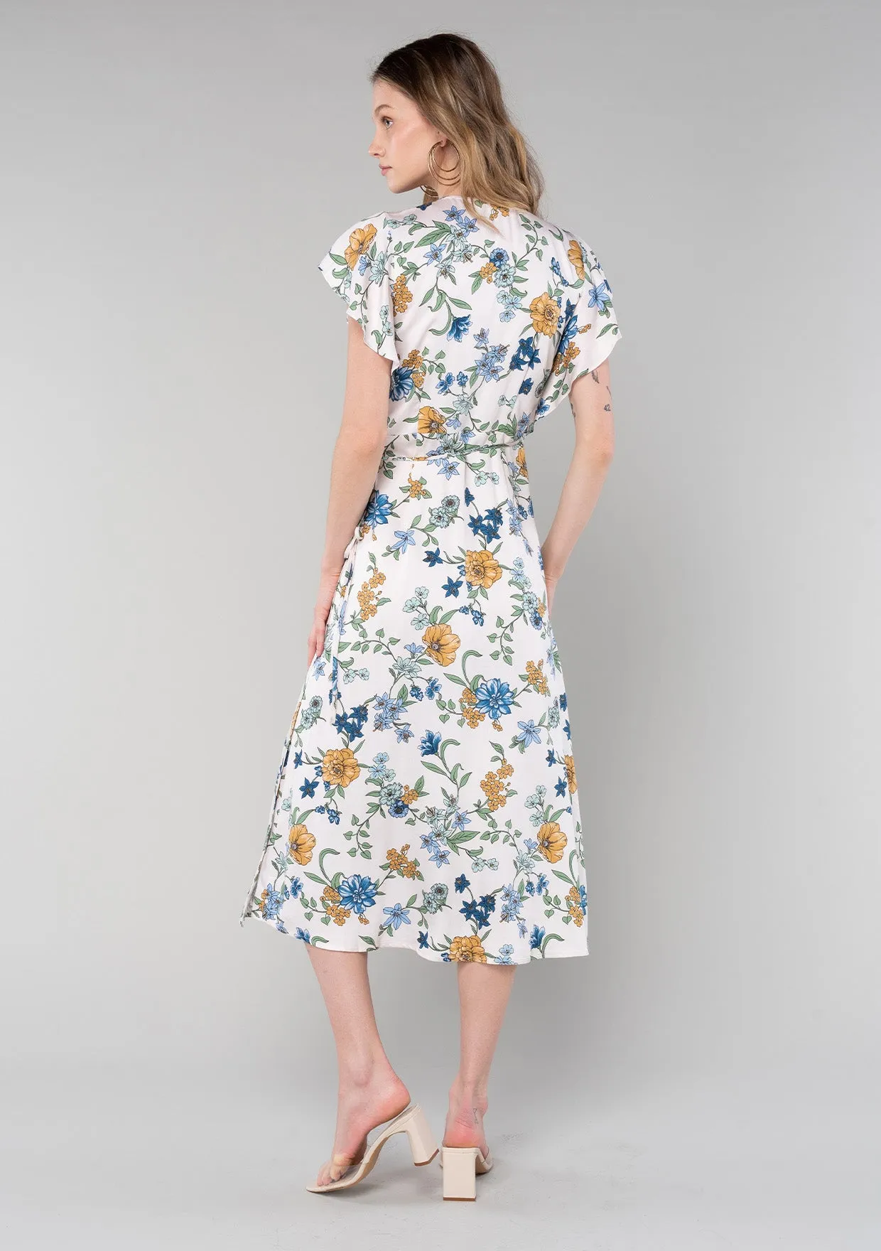 Floral Short Flutter Sleeve Midi Wrap Dress