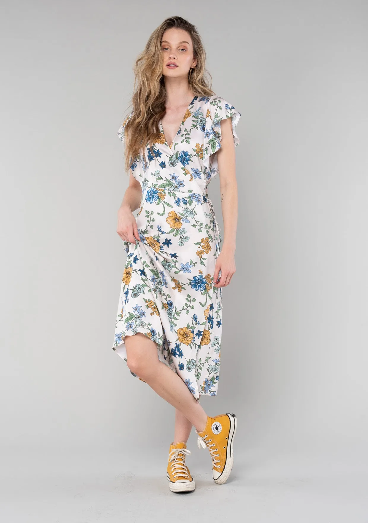 Floral Short Flutter Sleeve Midi Wrap Dress