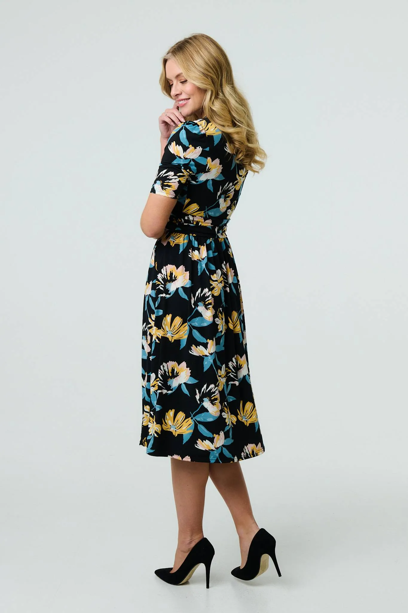 Floral Short Sleeve Faux Wrap Midi Dress