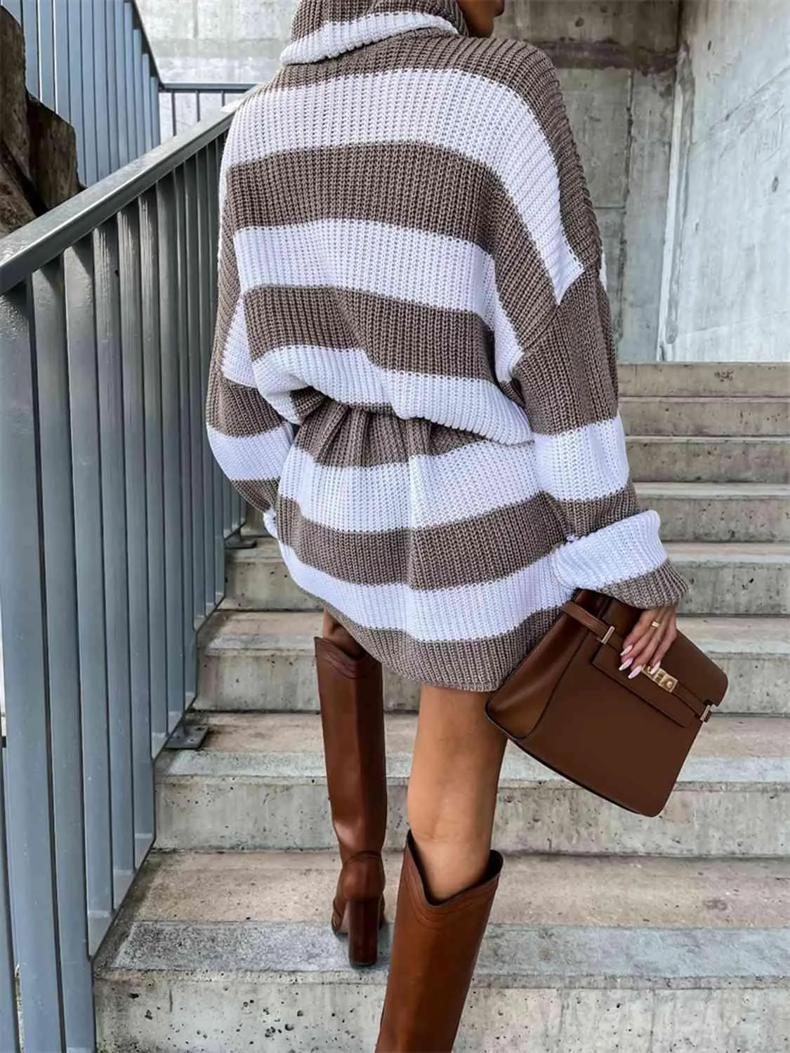 Frosty Chic Striped Turtleneck Sweater Dress