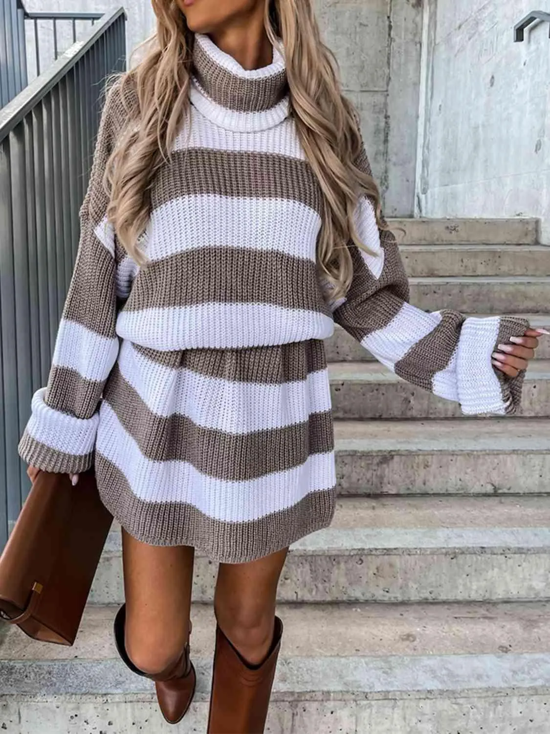 Frosty Chic Striped Turtleneck Sweater Dress