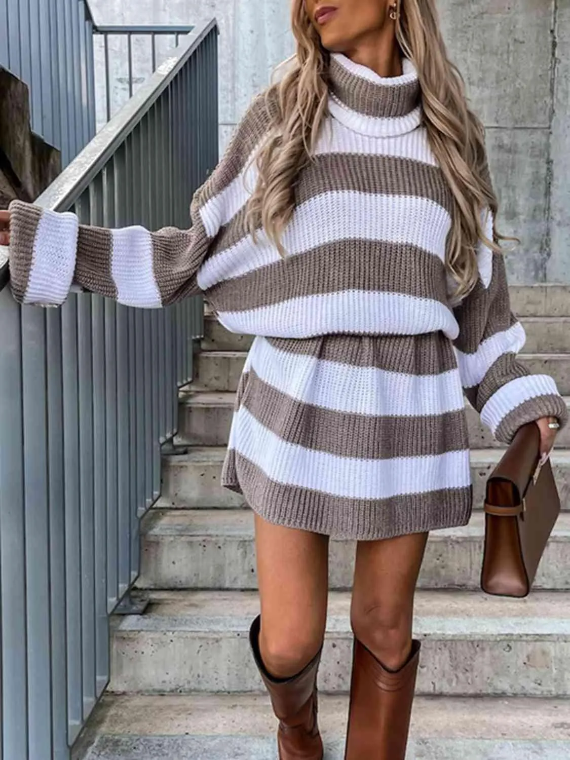 Frosty Chic Striped Turtleneck Sweater Dress