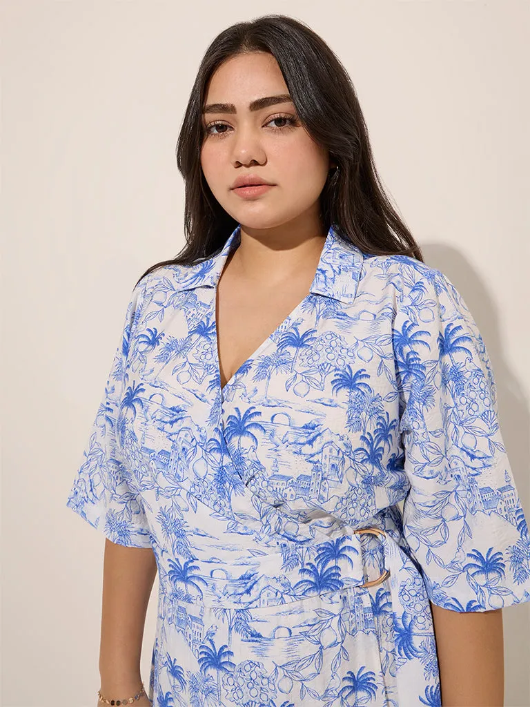Gia Blue Tropical Printed Wrap-Style Dress with Belt