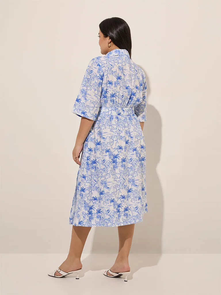 Gia Blue Tropical Printed Wrap-Style Dress with Belt