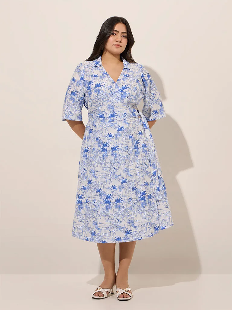 Gia Blue Tropical Printed Wrap-Style Dress with Belt