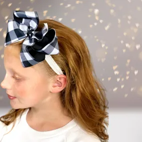 Girls 6 inch Grosgrain Buffalo Plaid Check Lumberjack Print Bow Soft Elastic Headband
