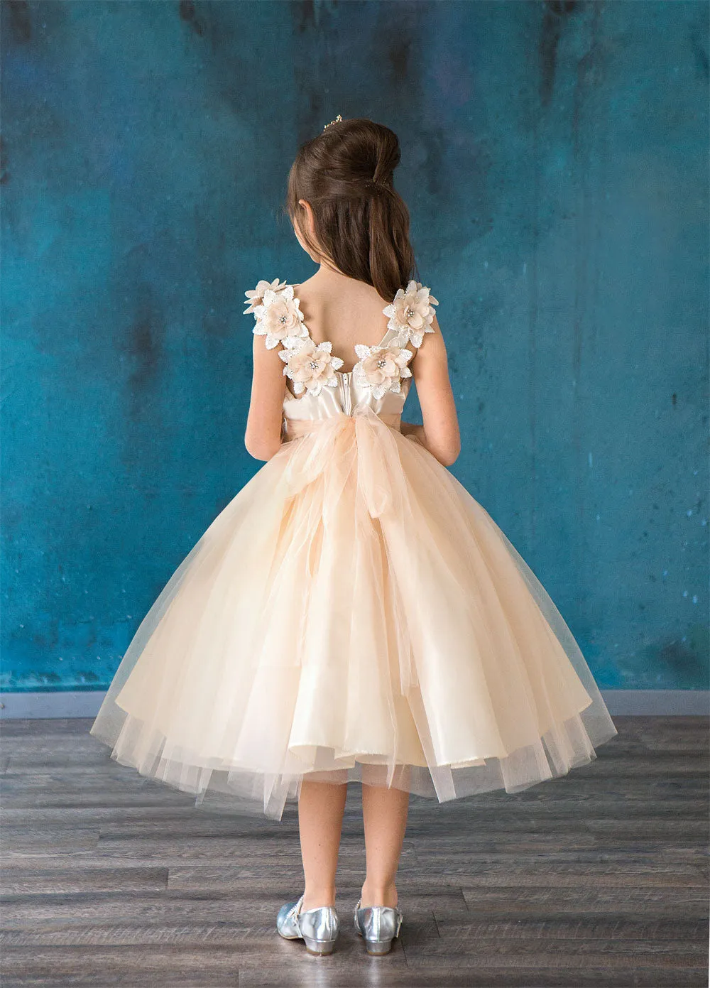 Girls Champagne Beaded Flower Appliques Tulle Flower Girl Dress 2-16