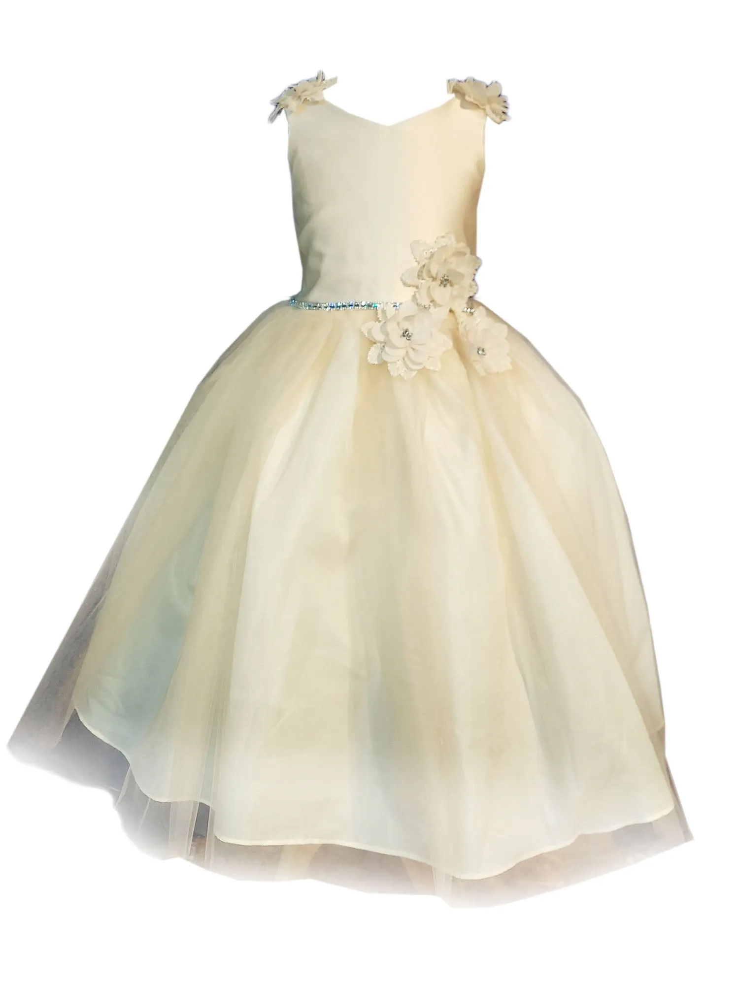Girls Champagne Beaded Flower Appliques Tulle Flower Girl Dress 2-16
