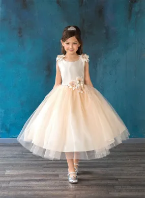 Girls Champagne Beaded Flower Appliques Tulle Flower Girl Dress 2-16