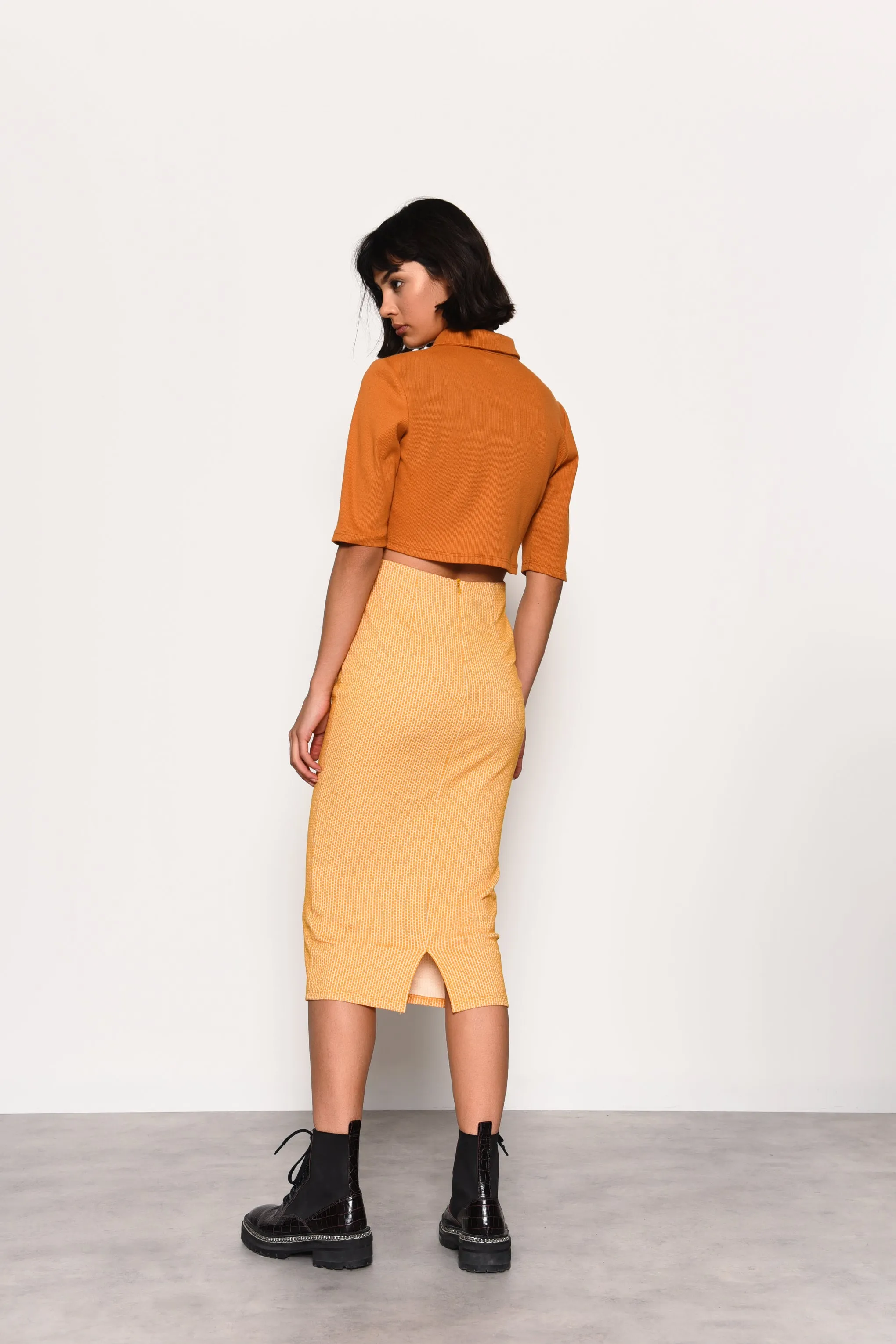 Glamorous Yellow Textured Flattering Cotton Blend Midi Skirt