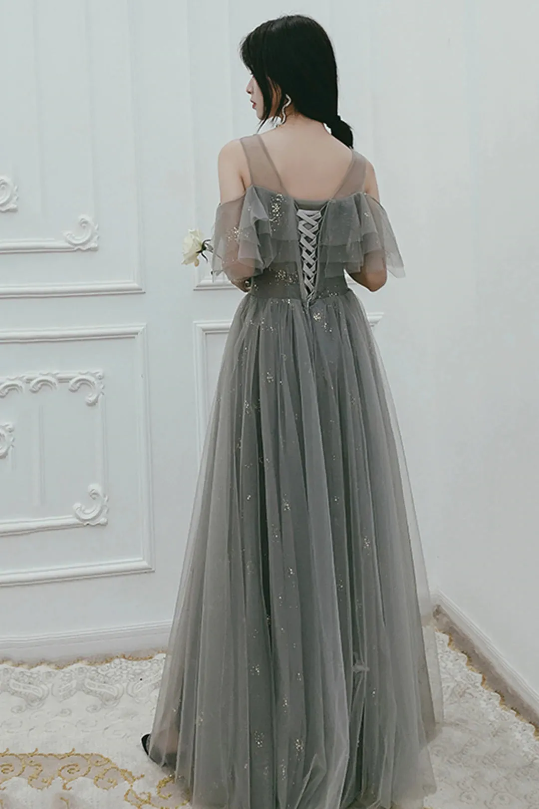 Gray Tulle Floor Length A-Line Prom Dress