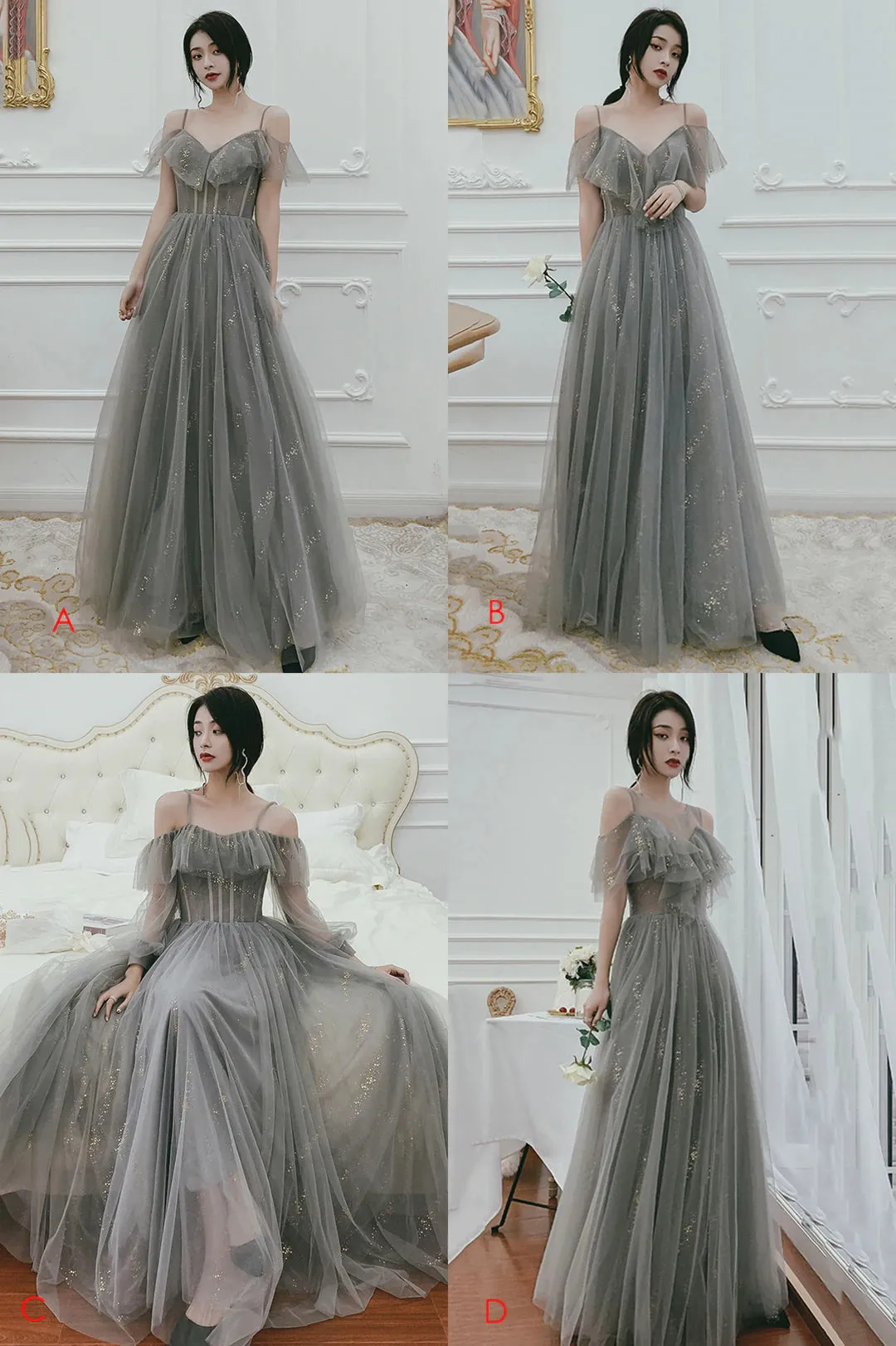 Gray Tulle Floor Length A-Line Prom Dress