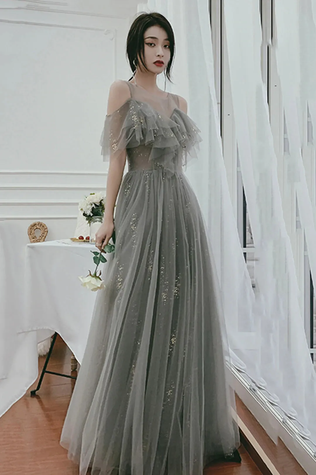 Gray Tulle Floor Length A-Line Prom Dress