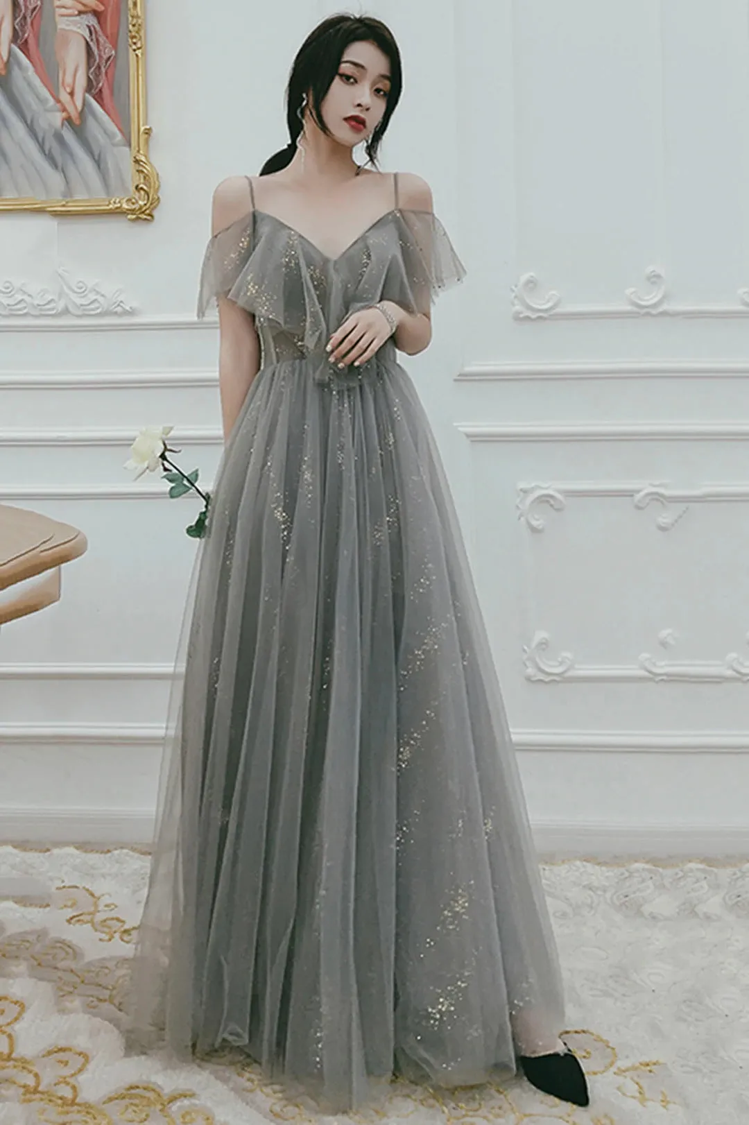 Gray Tulle Floor Length A-Line Prom Dress