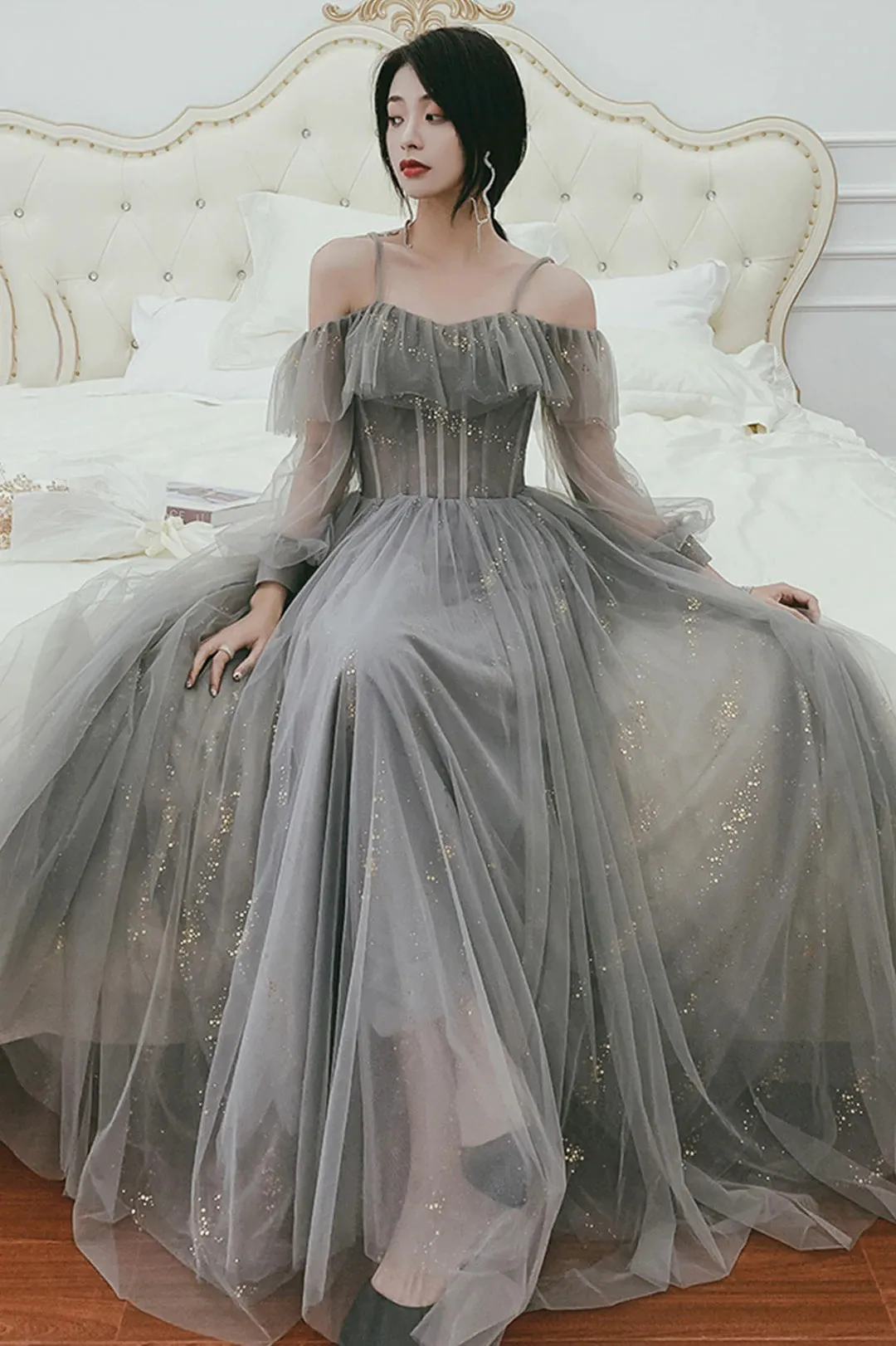 Gray Tulle Floor Length A-Line Prom Dress