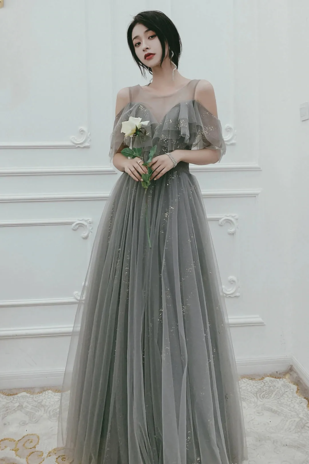 Gray Tulle Floor Length A-Line Prom Dress