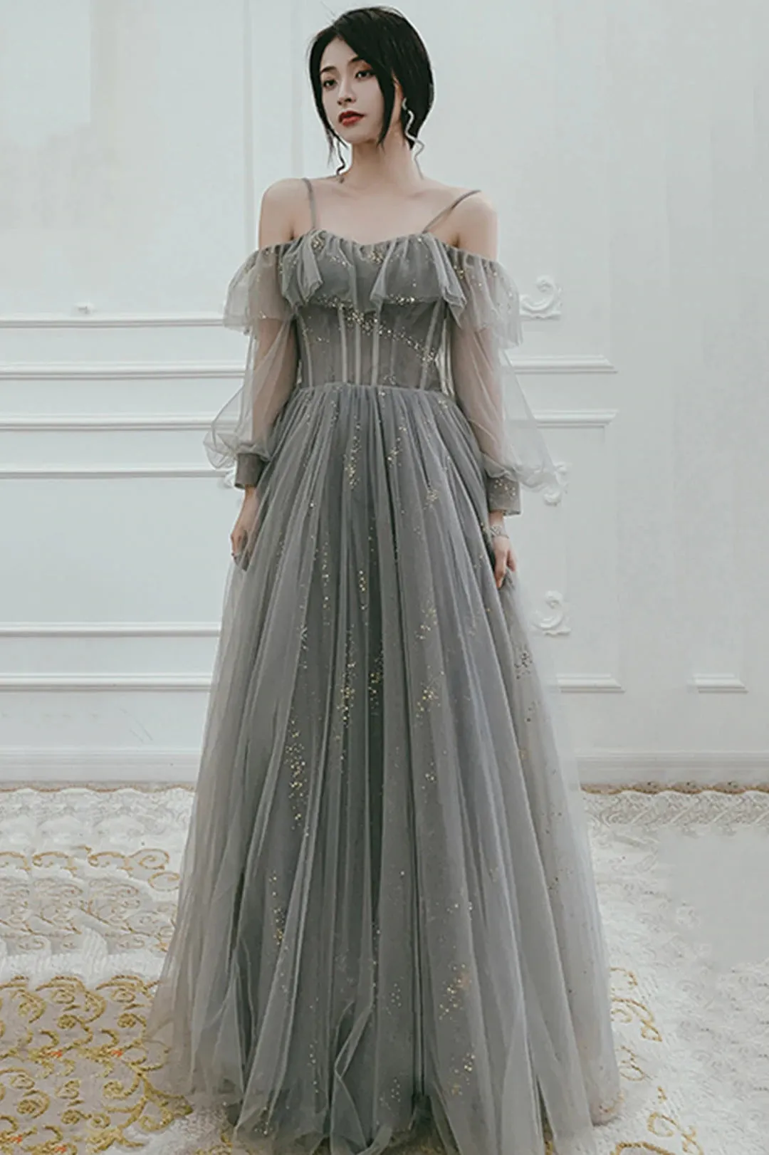Gray Tulle Floor Length A-Line Prom Dress