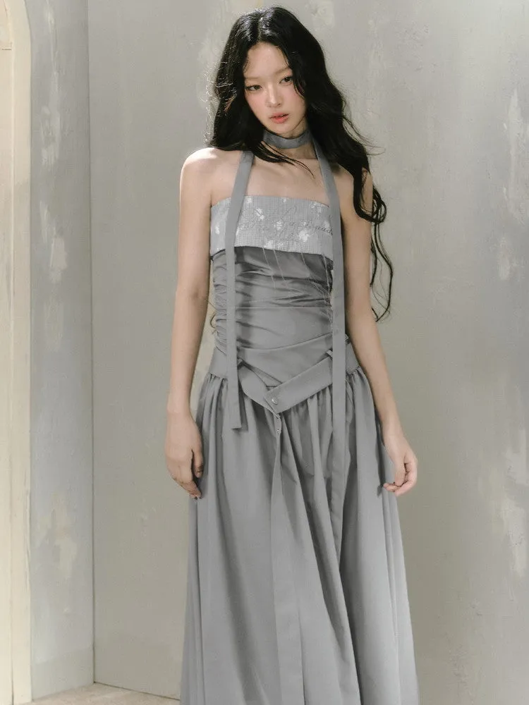 Halter-Neck Wrap Nichi Long Embroidery Dress