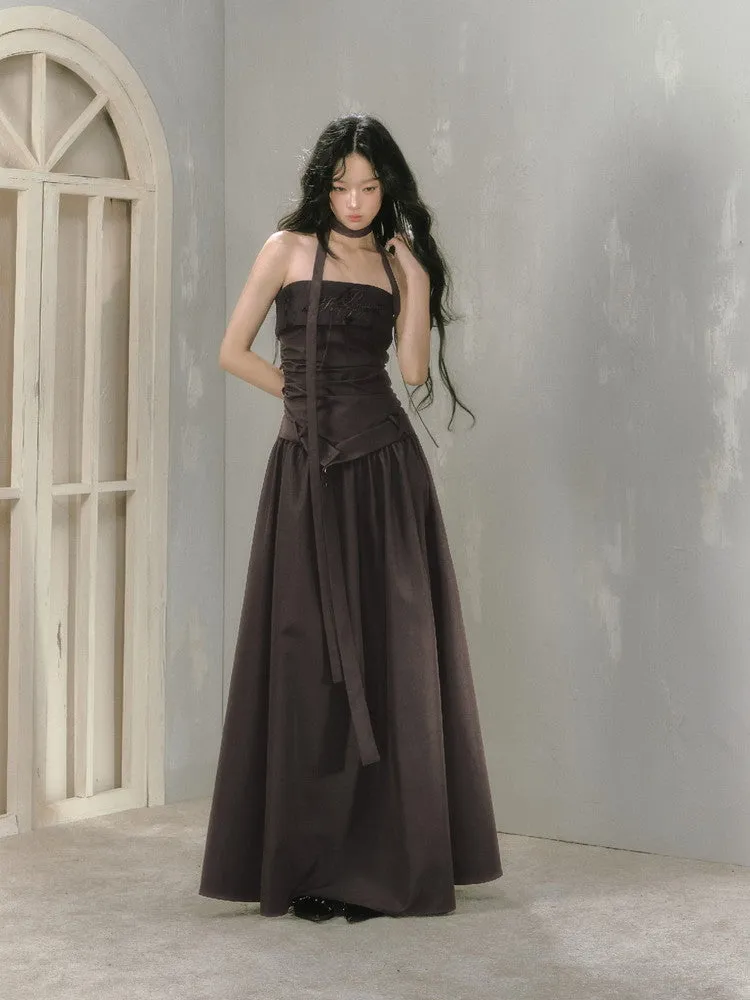Halter-Neck Wrap Nichi Long Embroidery Dress