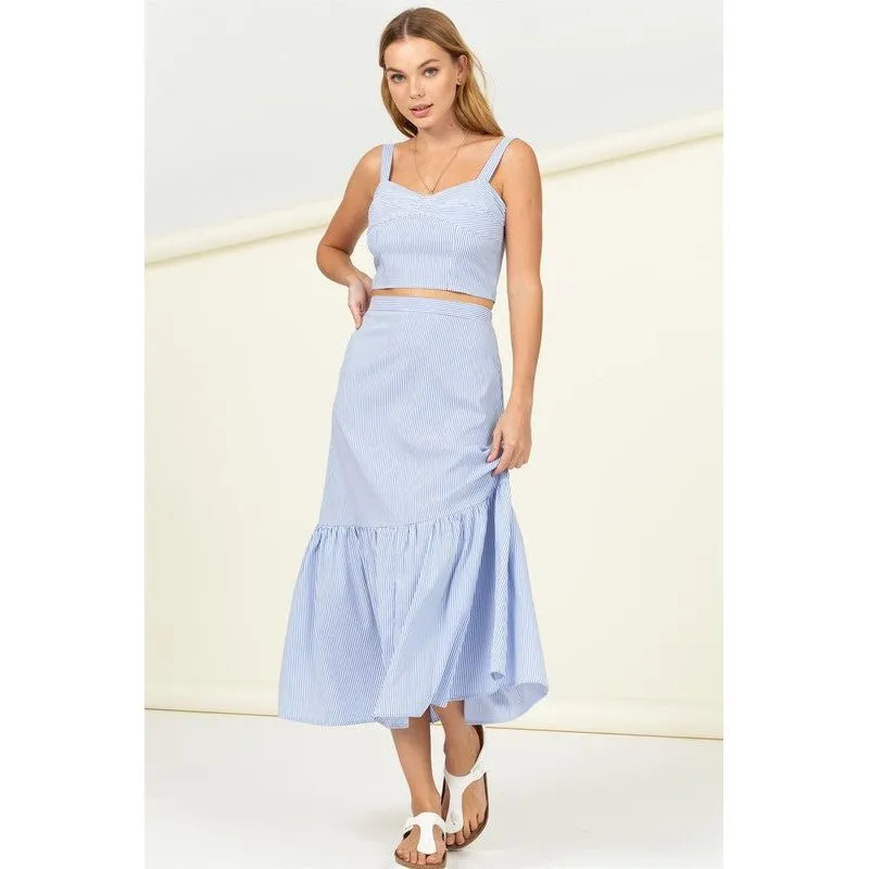 HIGH WAIST RUFFLE HEM MIDI SKIRT