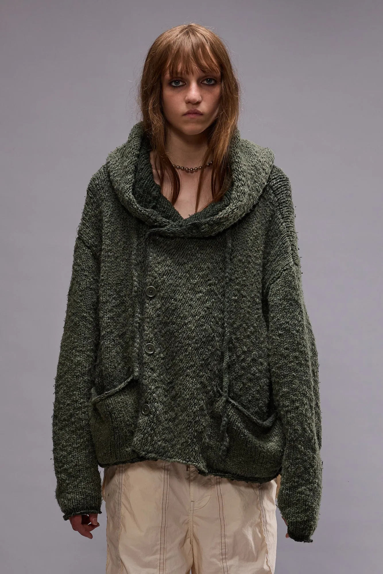 HOODED PARKA CARDIGAN - WASHED OLIVE