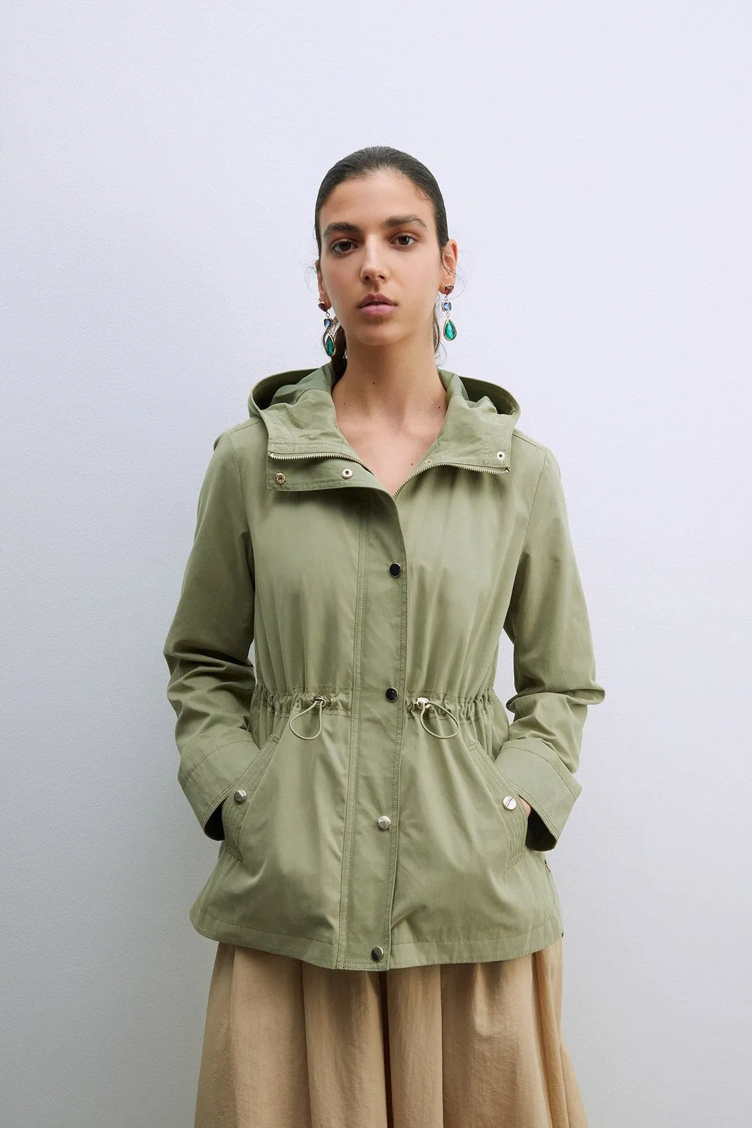 Hooded Parka W Snitched Waist - Khaki