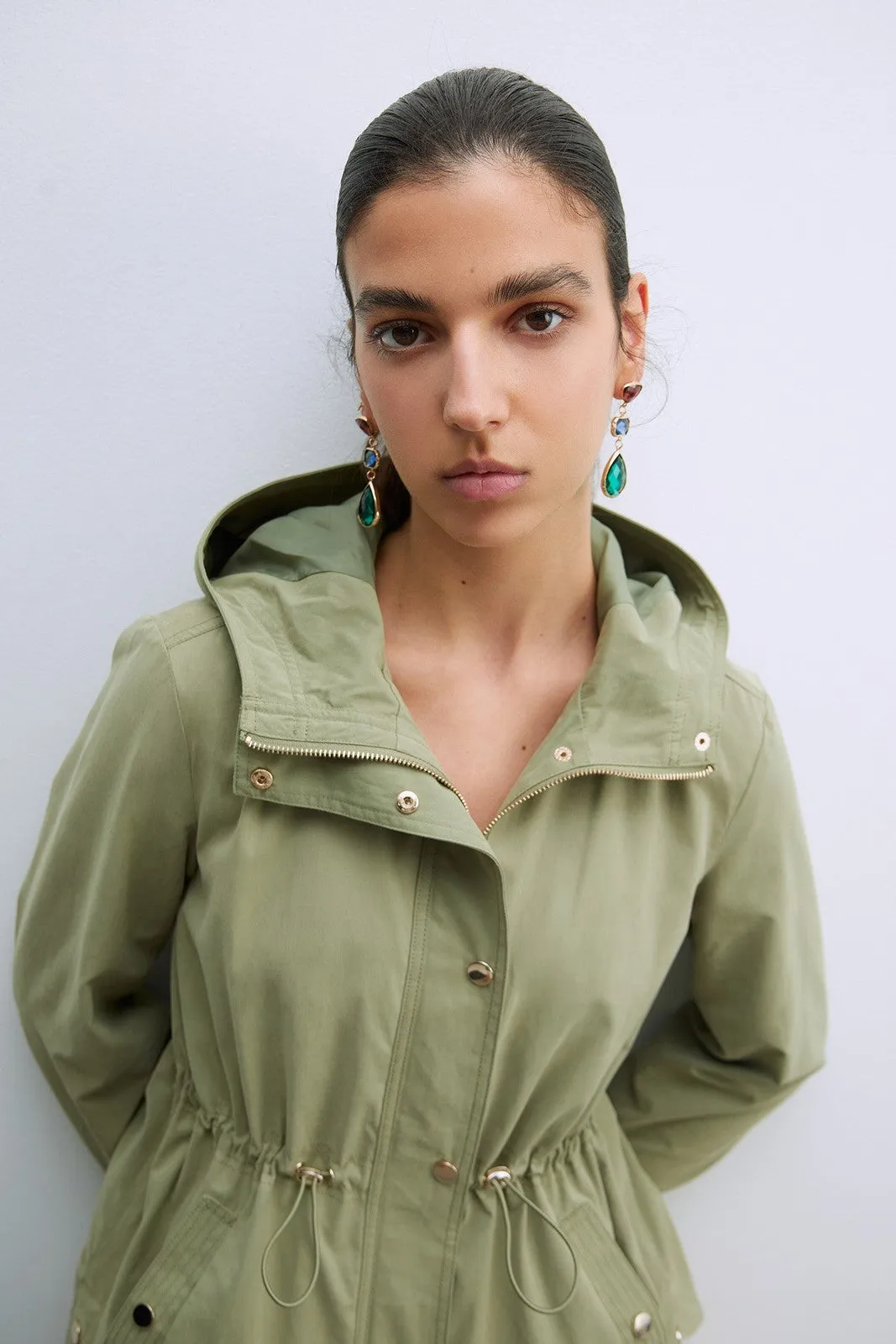 Hooded Parka W Snitched Waist - Khaki